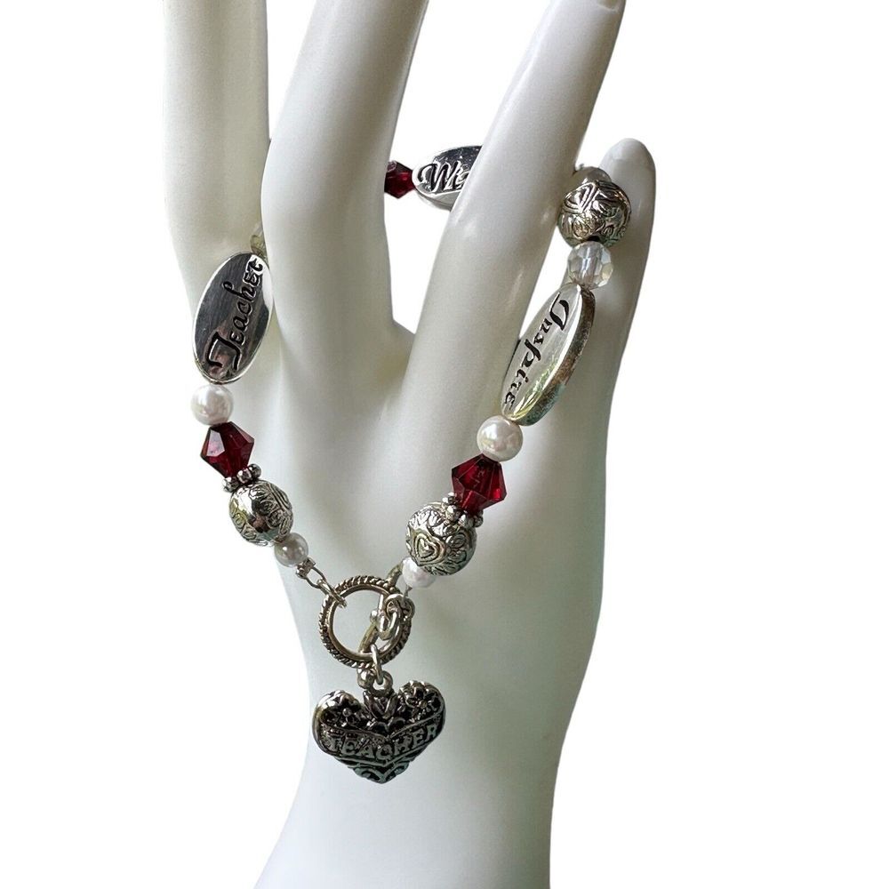 Charm Bracelet Teacher Inspire Words Heart Faux Pearls Red Beads‎ Toggle Clasp
